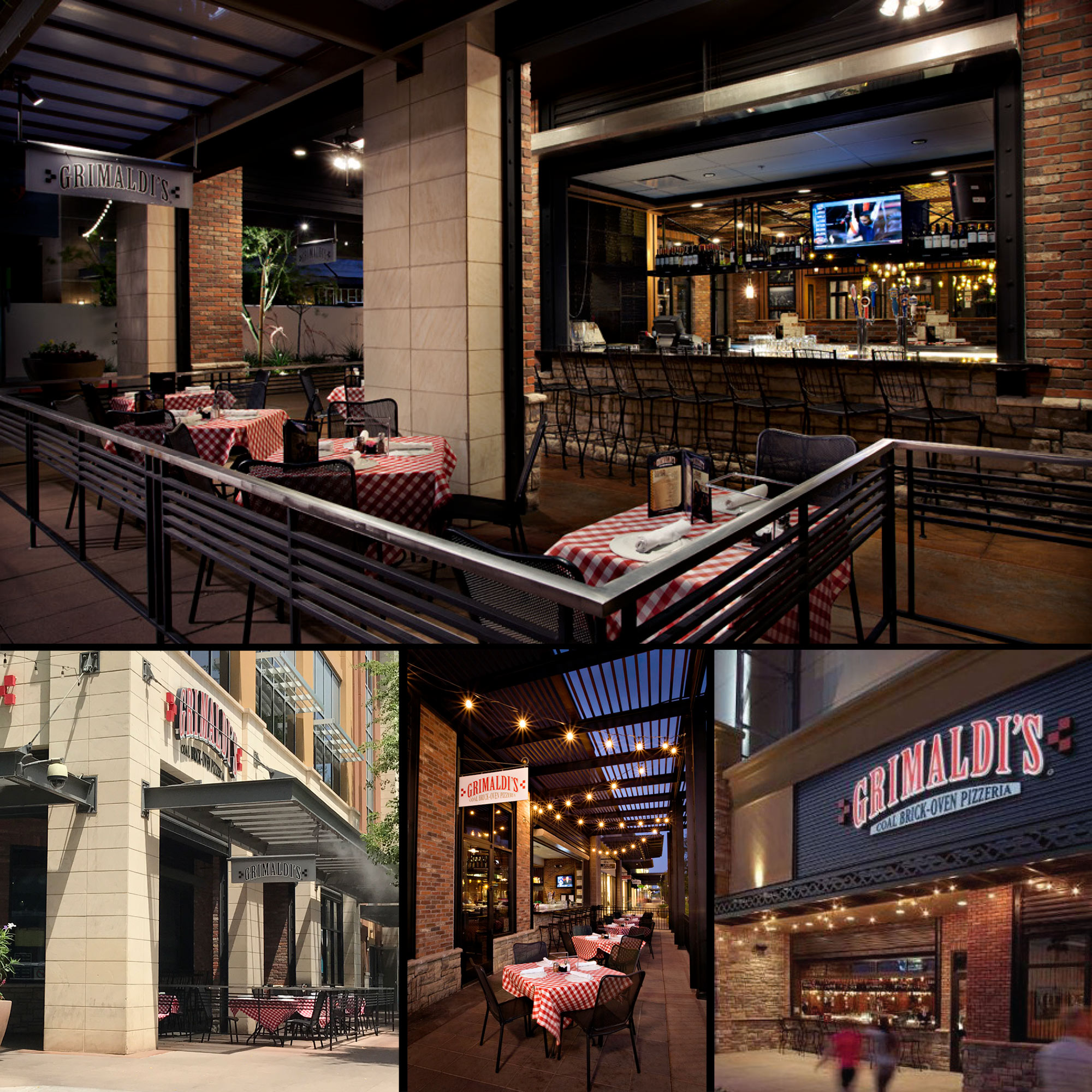 Collage of interior and exterior views of Grimaldi's restaurants